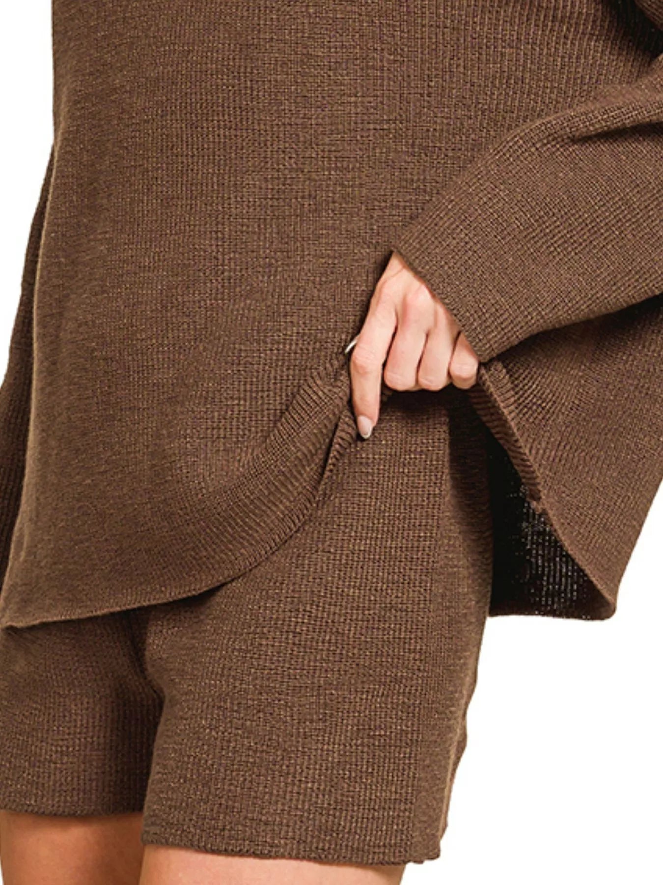 Fashorio Zenana Round Neck Knit Top and Shorts Sweater Set