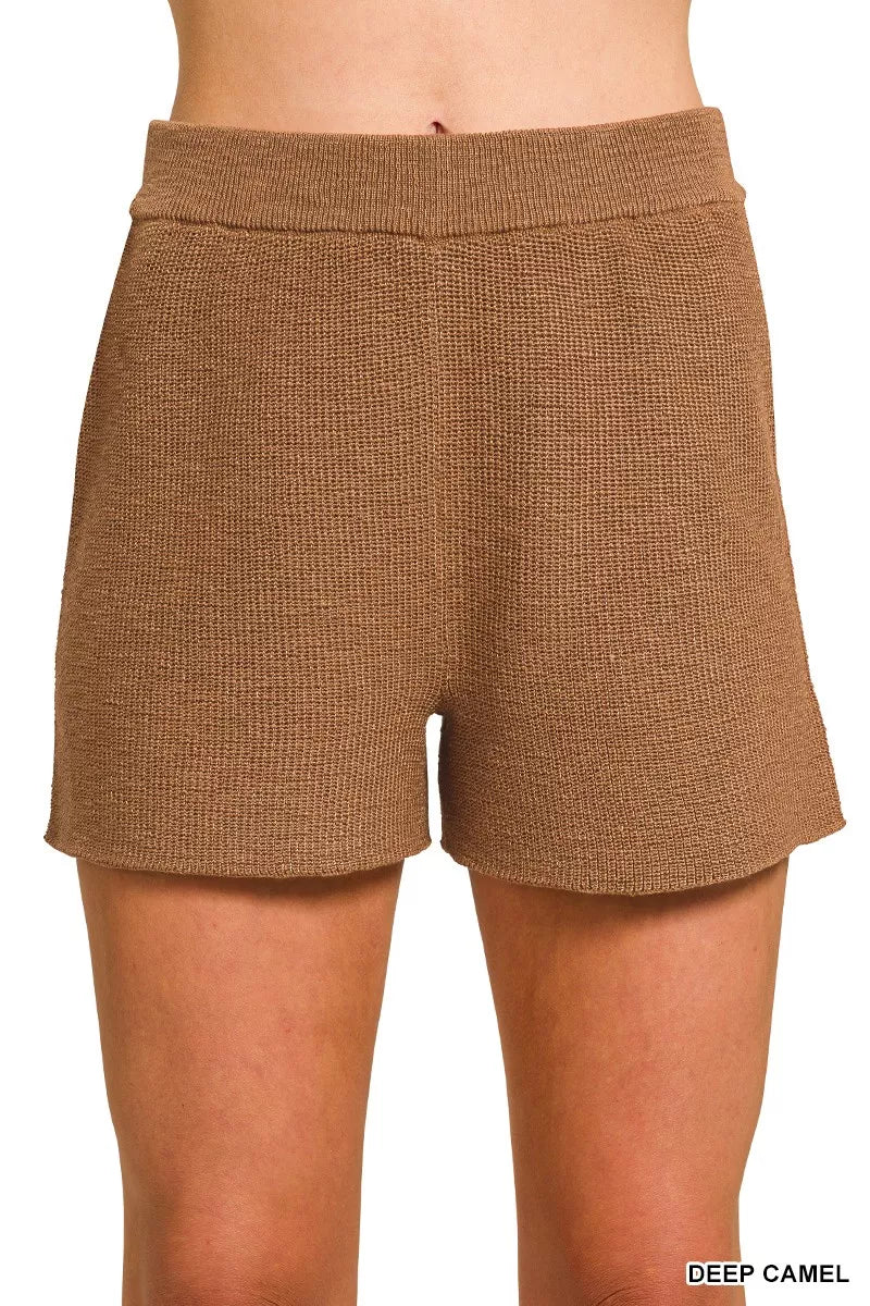 Fashorio Zenana Round Neck Knit Top and Shorts Sweater Set