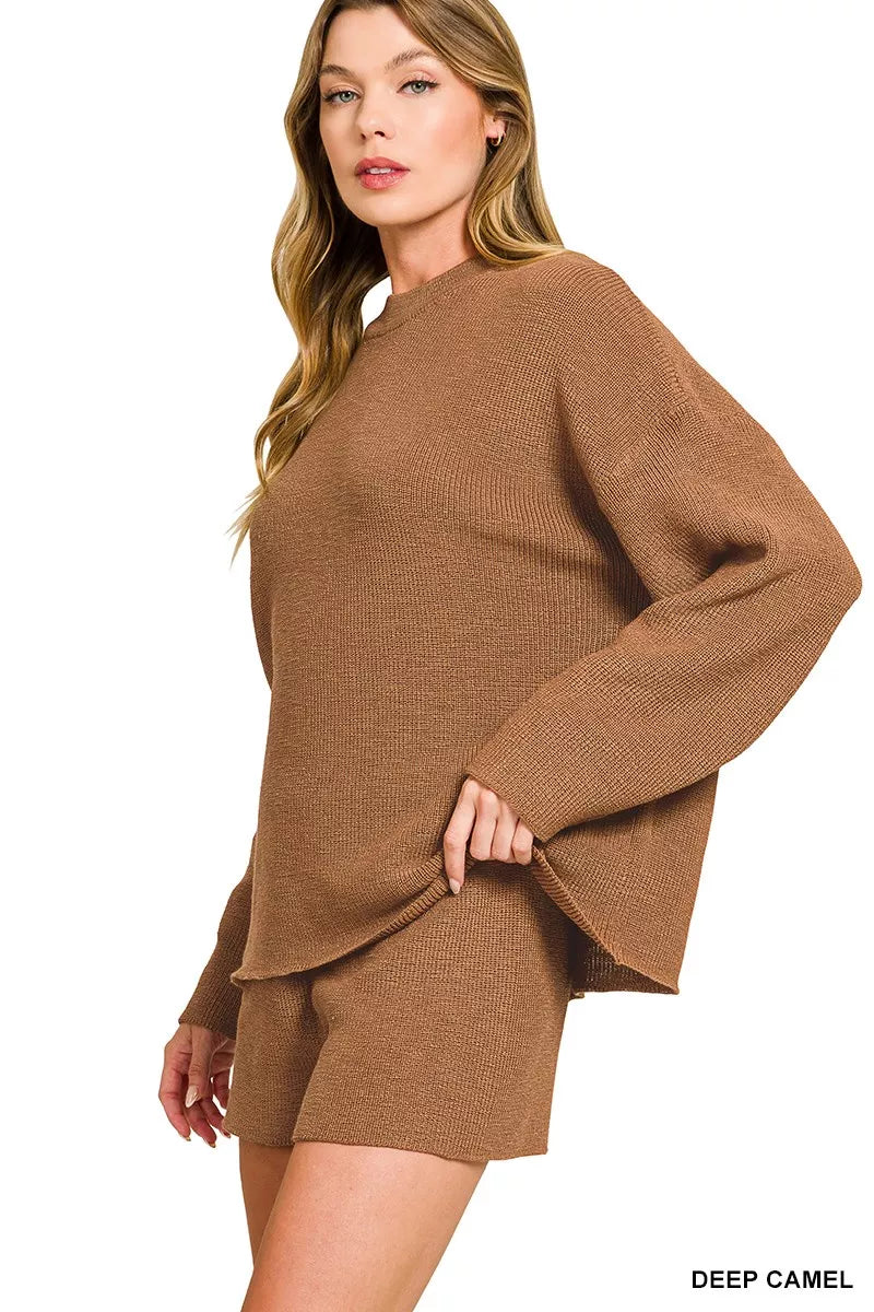 Fashorio Zenana Round Neck Knit Top and Shorts Sweater Set