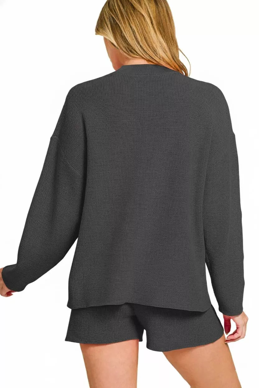 Fashorio Zenana Round Neck Knit Top and Shorts Sweater Set