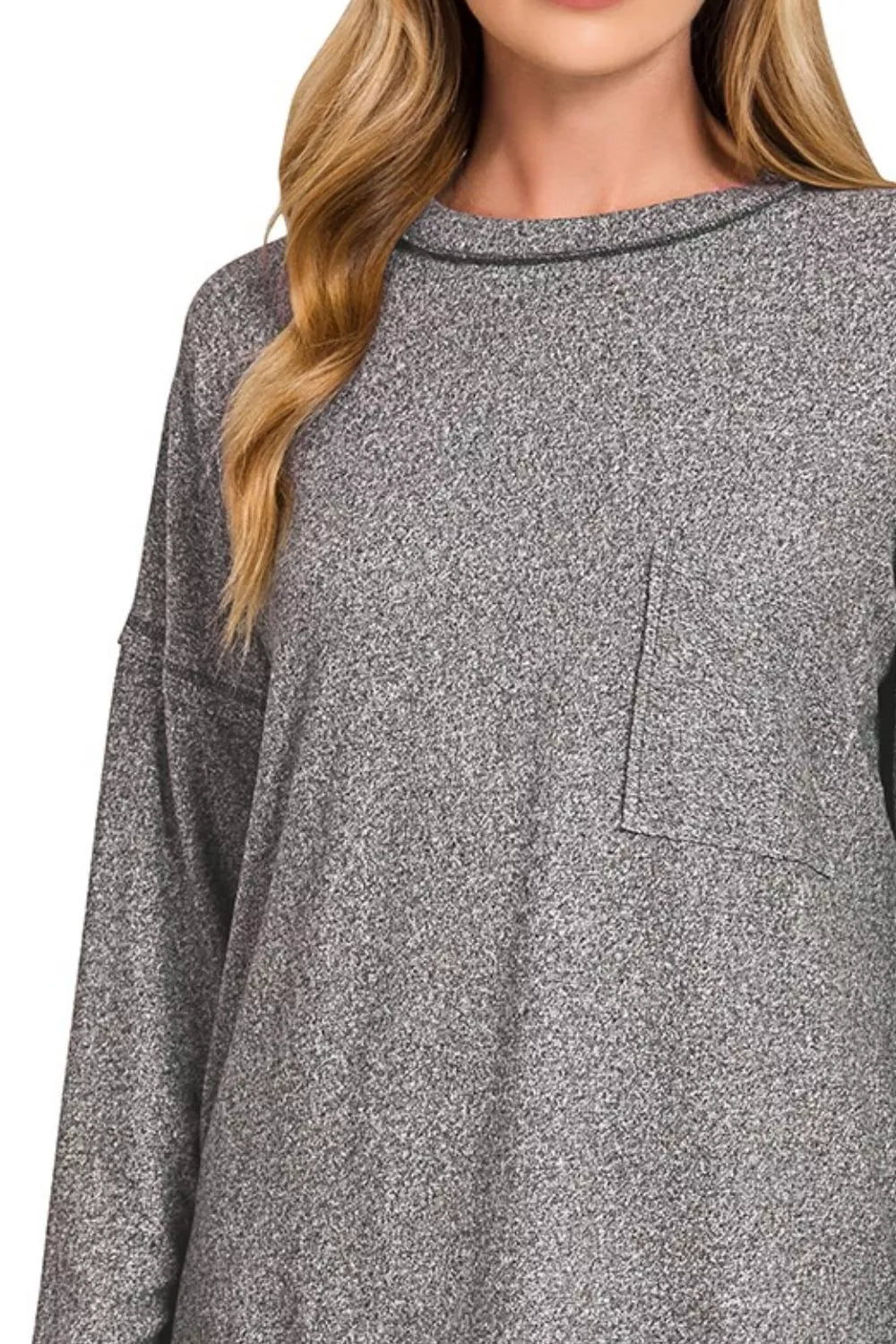 Fashorio Zenana Soft Melange Hacci Round-Neck Long Sleeve T-Shirt