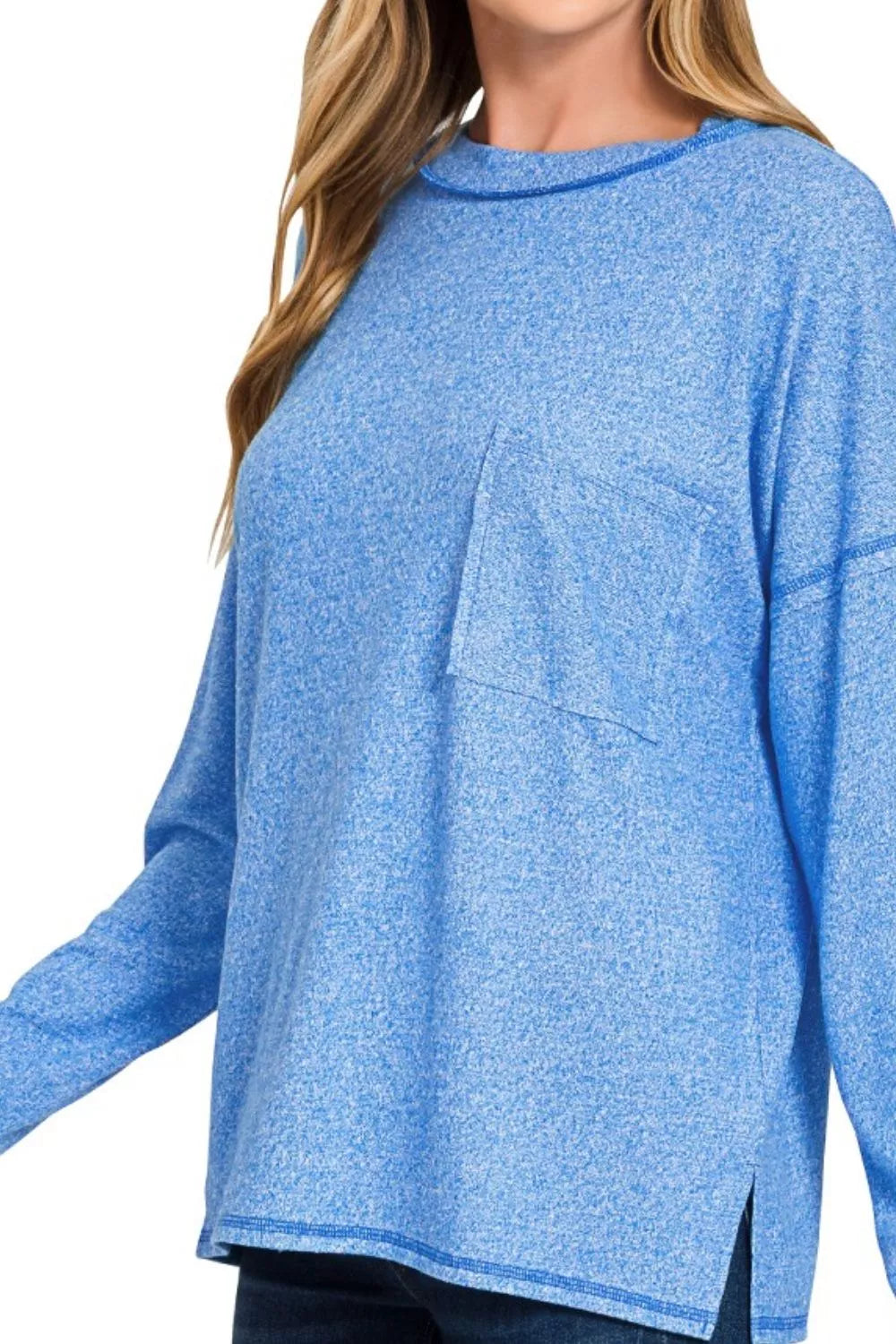 Fashorio Zenana Soft Melange Hacci Round-Neck Long Sleeve T-Shirt