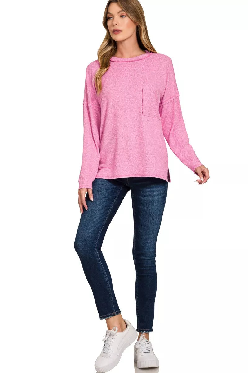 Fashorio Zenana Soft Melange Hacci Round-Neck Long Sleeve T-Shirt
