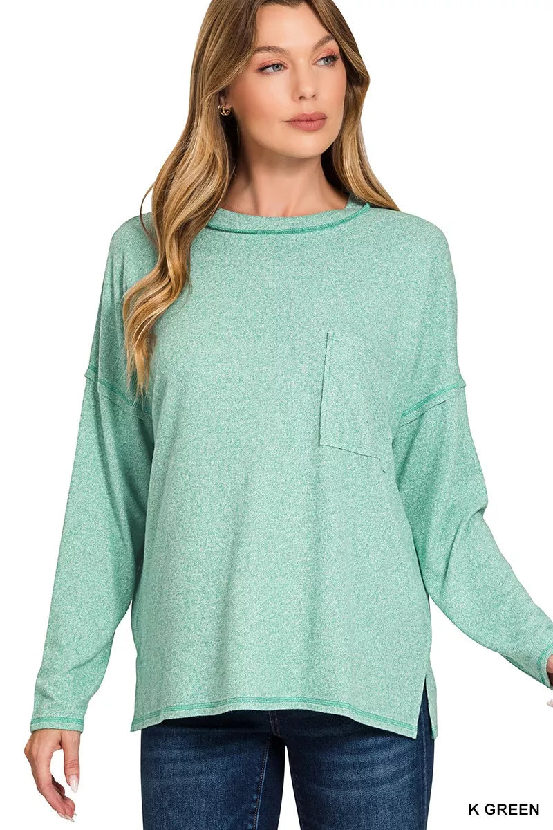 Fashorio Zenana Soft Melange Hacci Round-Neck Long Sleeve T-Shirt