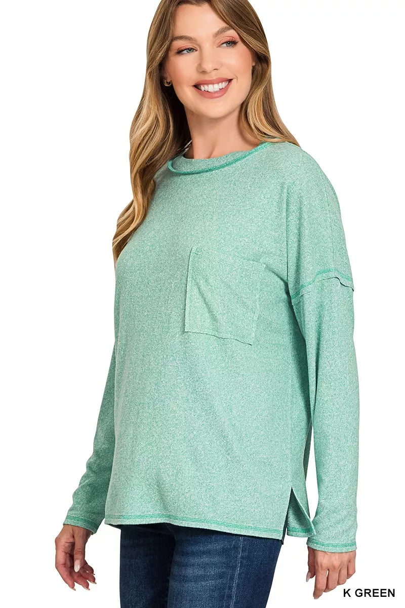 Fashorio Zenana Soft Melange Hacci Round-Neck Long Sleeve T-Shirt