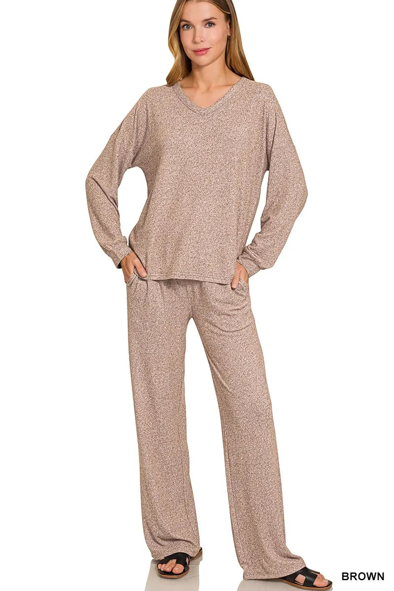 Fashorio Zenana Soft Melange Long Sleeve Tee & Pants Set