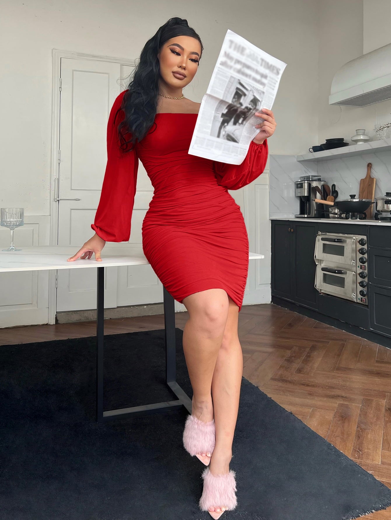 Fashorio Zip-Back Ruched Square Neck Bodycon Dress