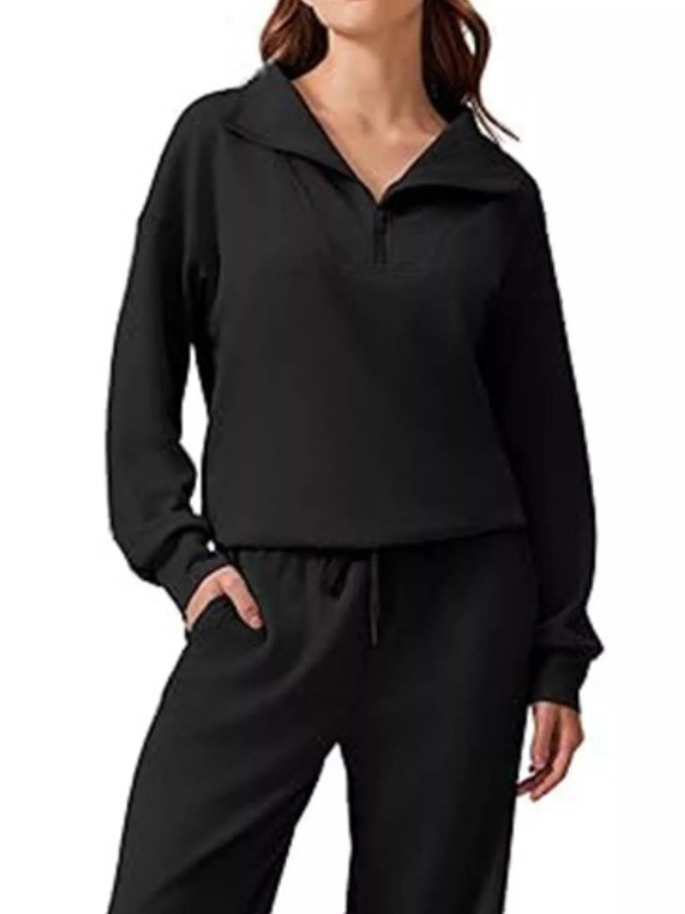 Fashorio Zip Collar Dropped Shoulder Top and Pants Set