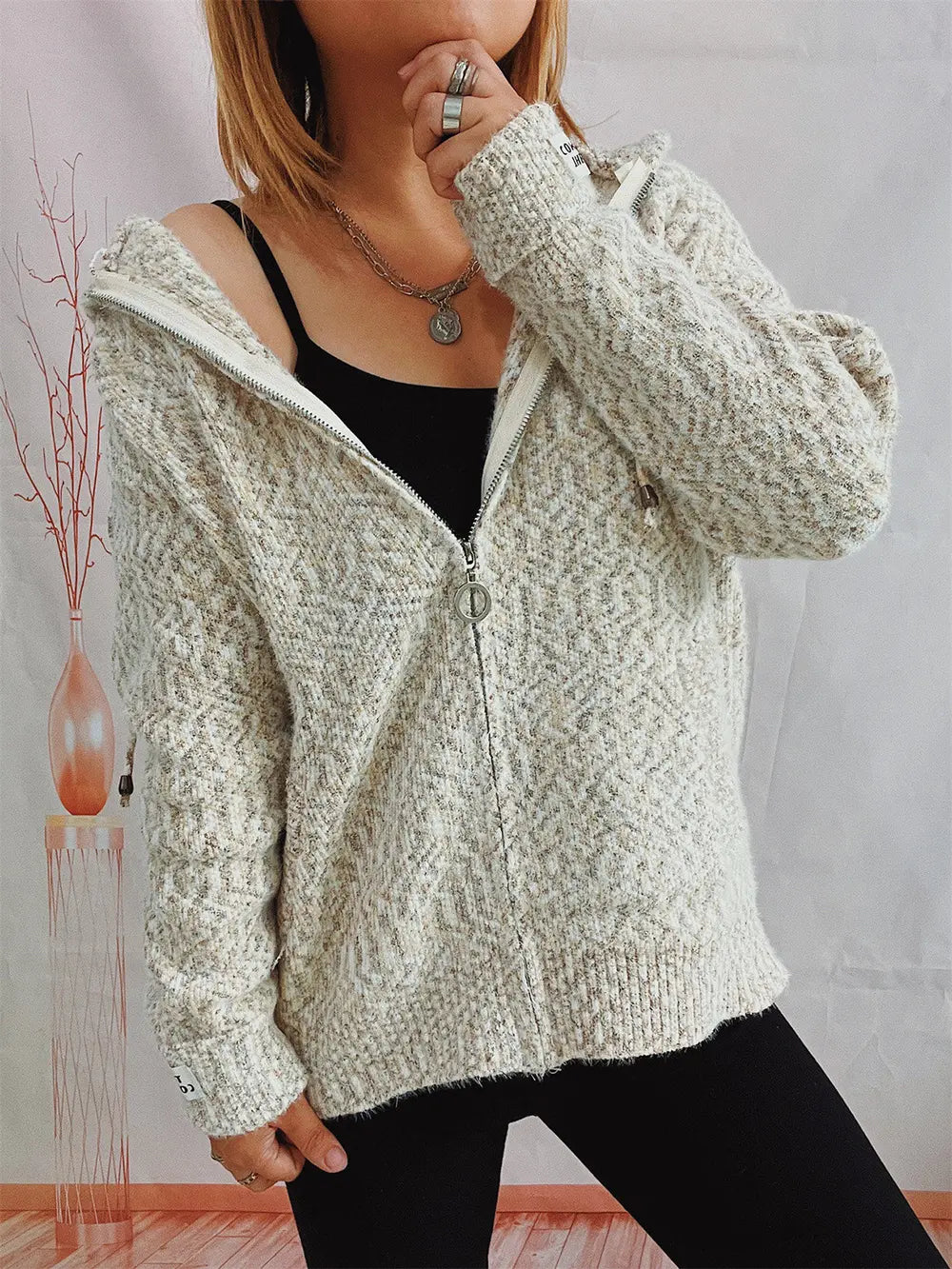 Fashorio Zip Up Drawstring Long Sleeve Hooded Sweater