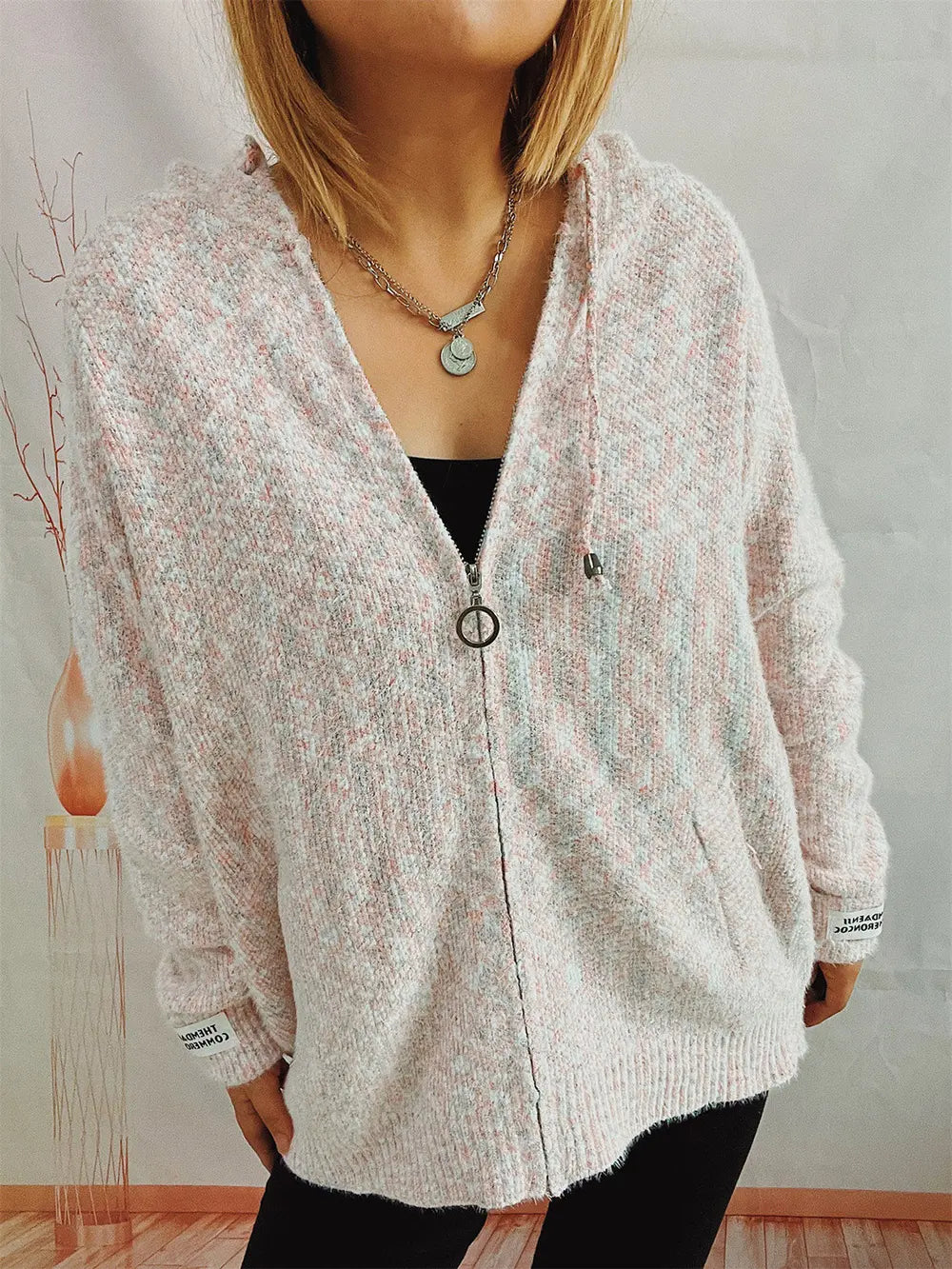 Fashorio Zip Up Drawstring Long Sleeve Hooded Sweater