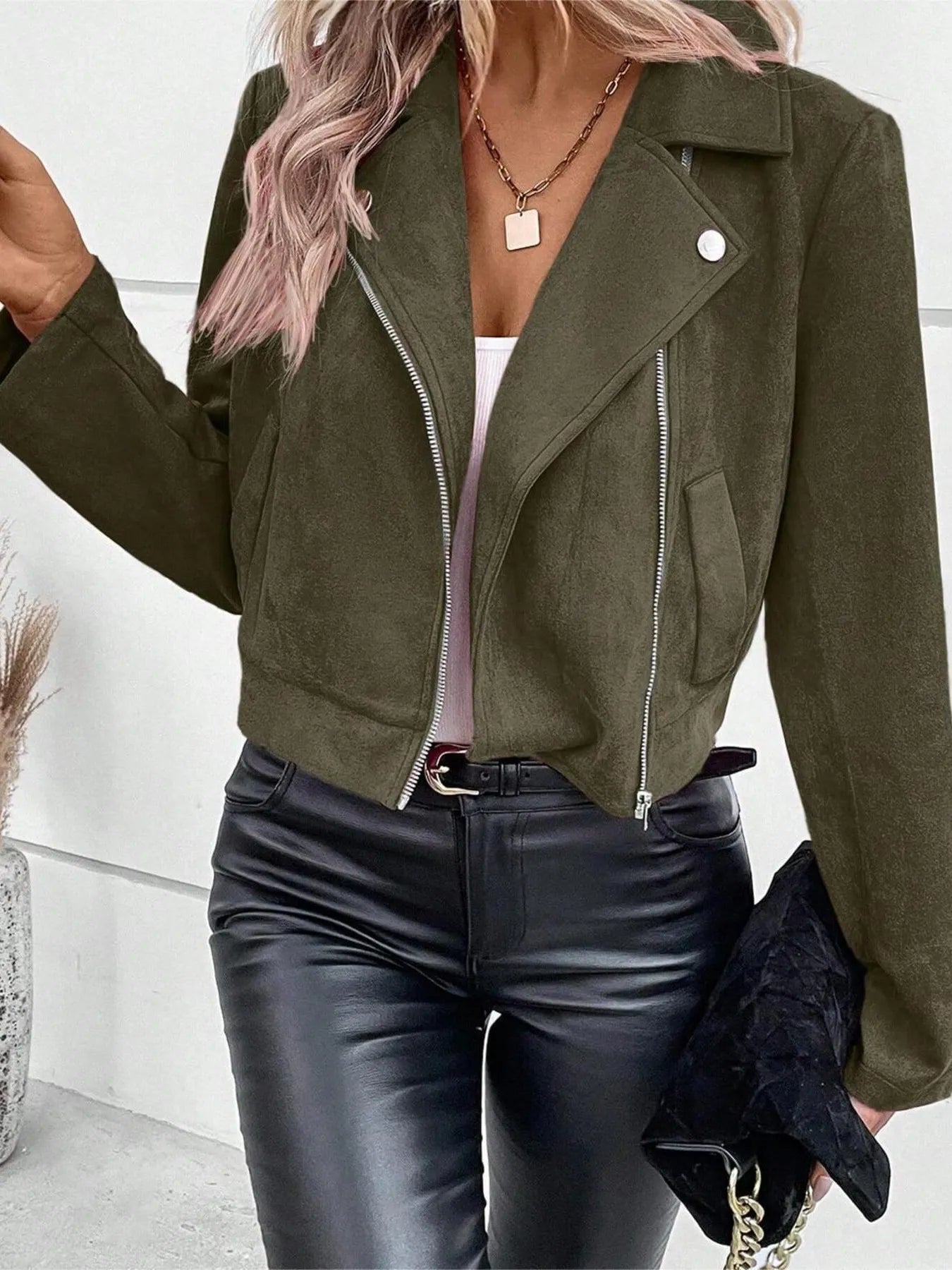 Fashorio Zip Up Suede Cropped Moto Jacket