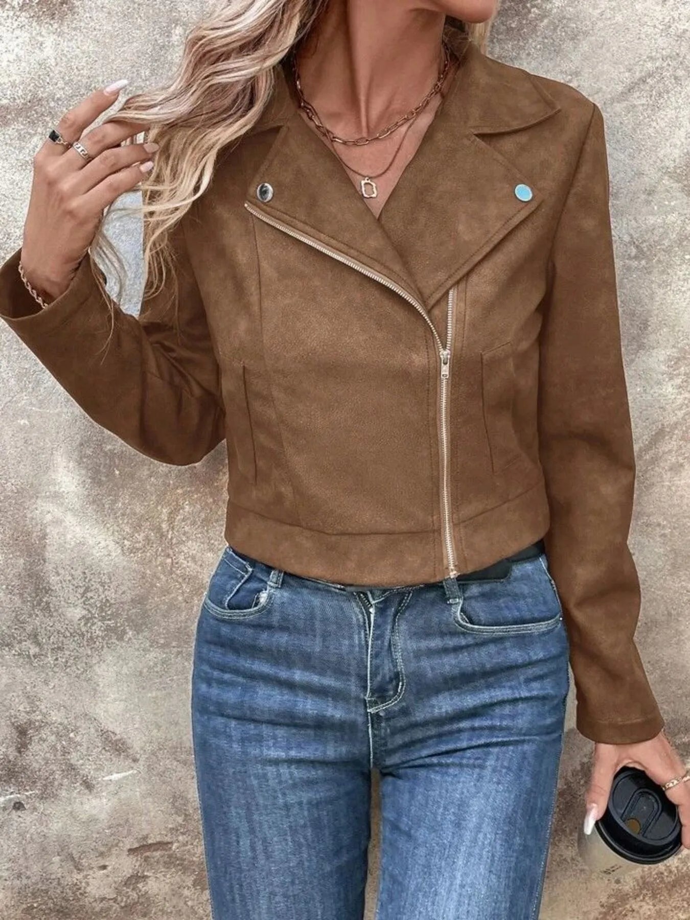 Fashorio Zip Up Suede Cropped Moto Jacket