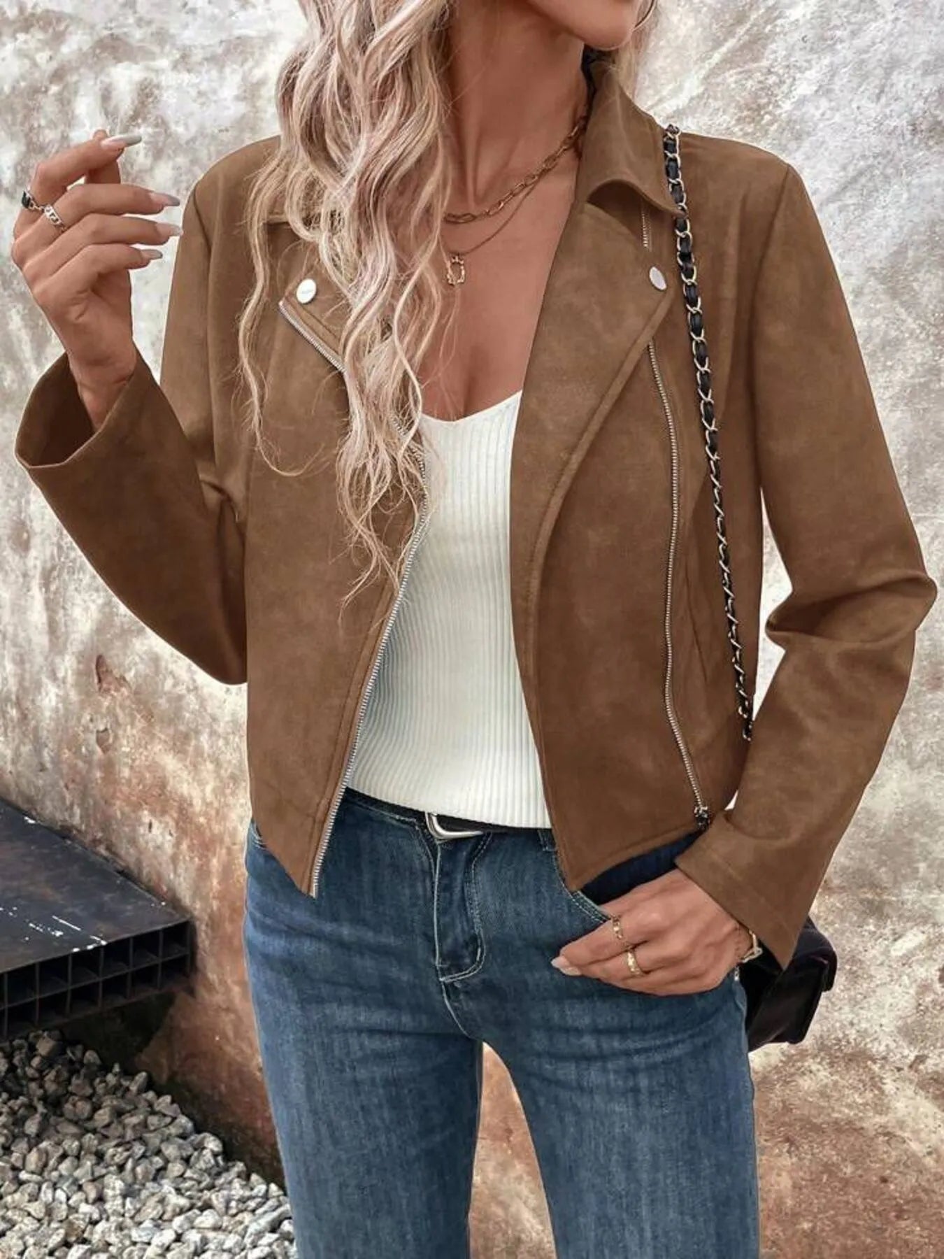 Fashorio Zip Up Suede Cropped Moto Jacket