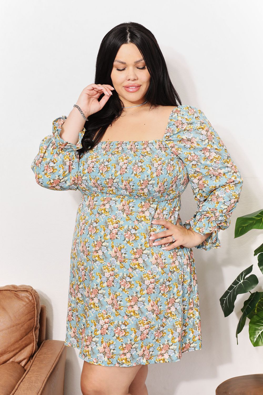 Honey Floral Smocked Flounce Sleeve Square Neck Dress view 8