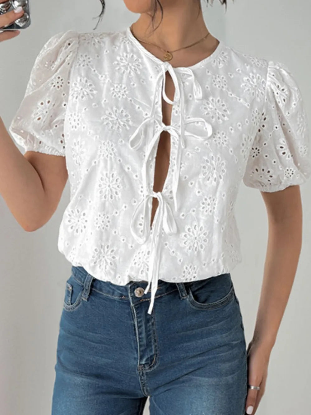 Perfee Tied Eyelet Short Sleeve Bodysuit - Fashorio