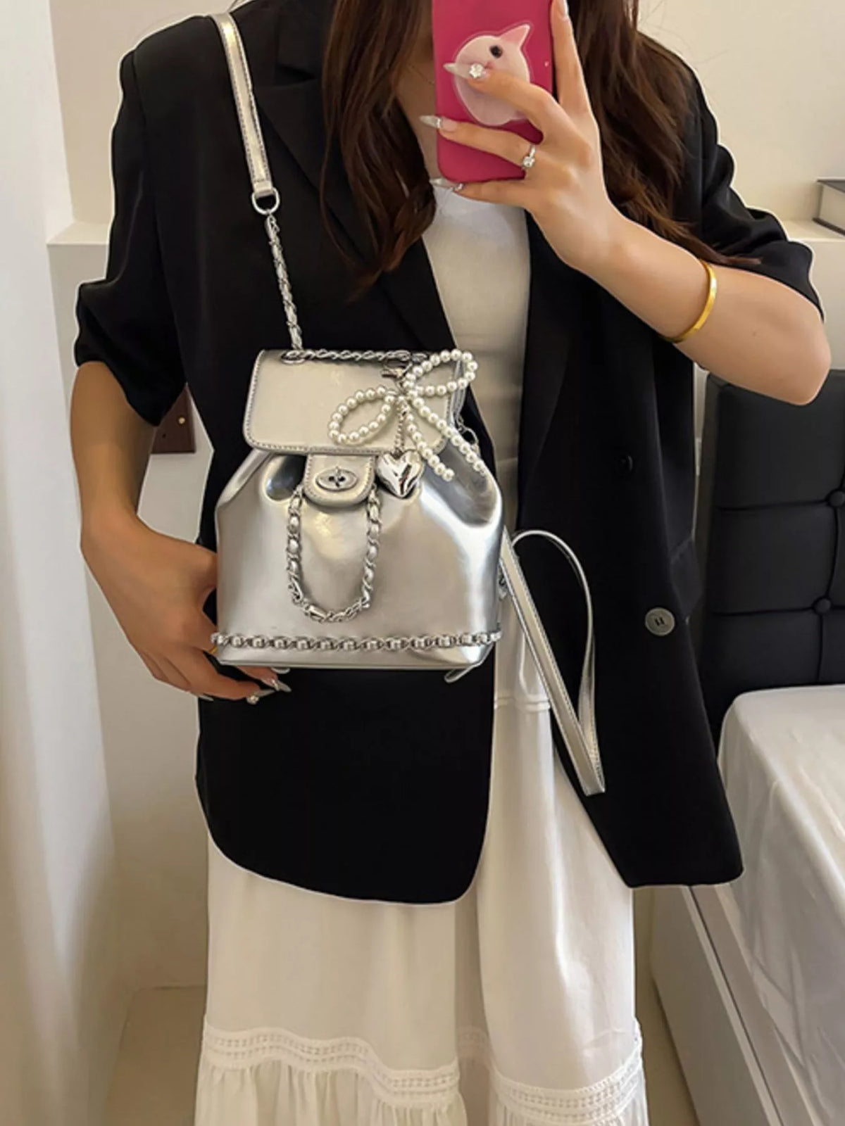 silver pearl mini backpack side profile