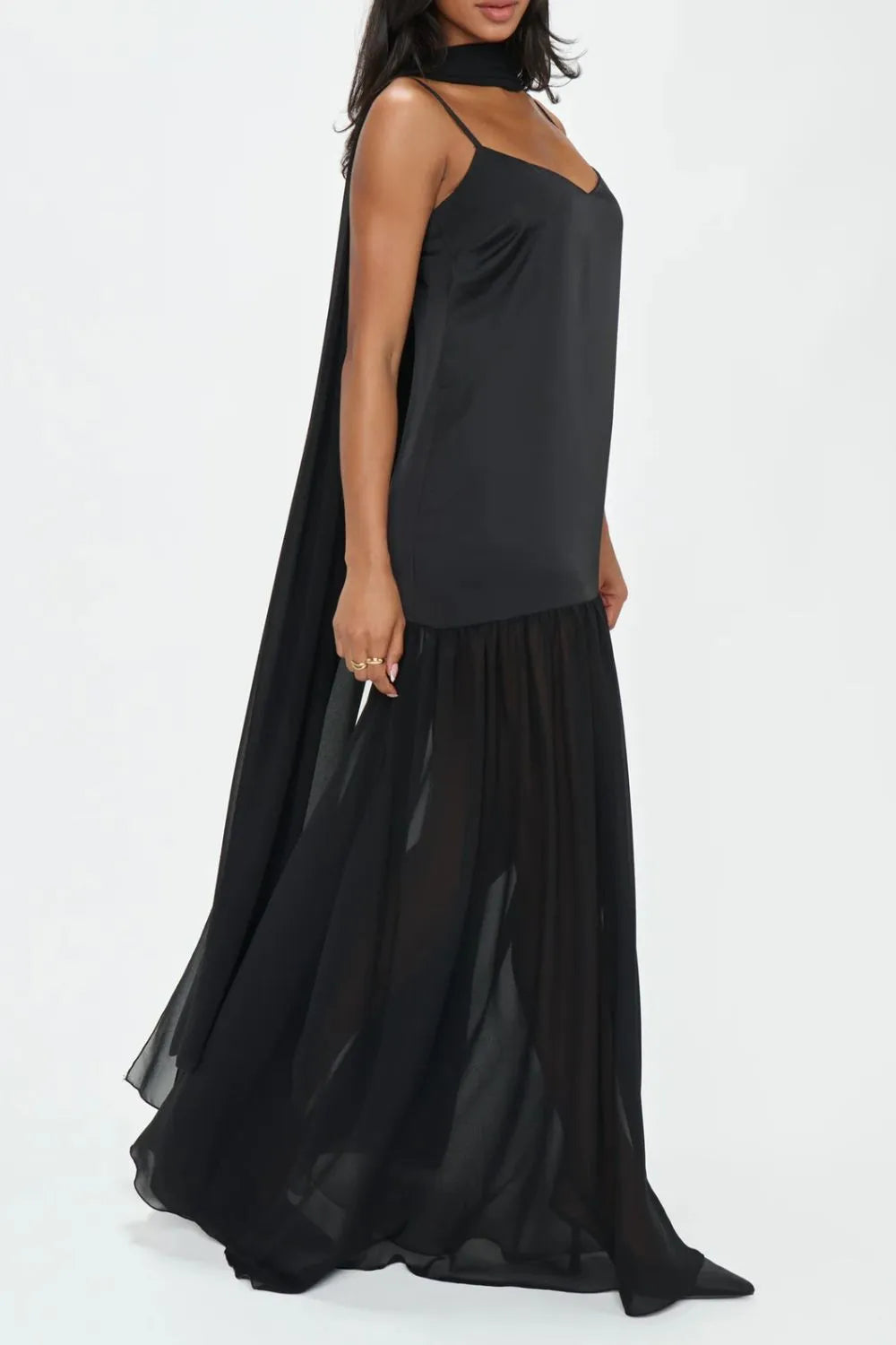 Adjustable strap maxi cami dress with matching scarf, back view