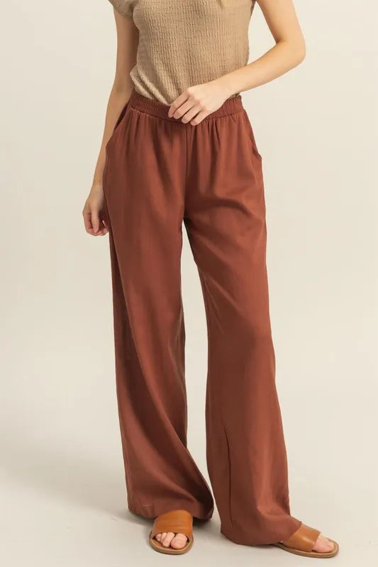HYFVE Elastic Waist Wide Leg Pants Brown - Fashorio