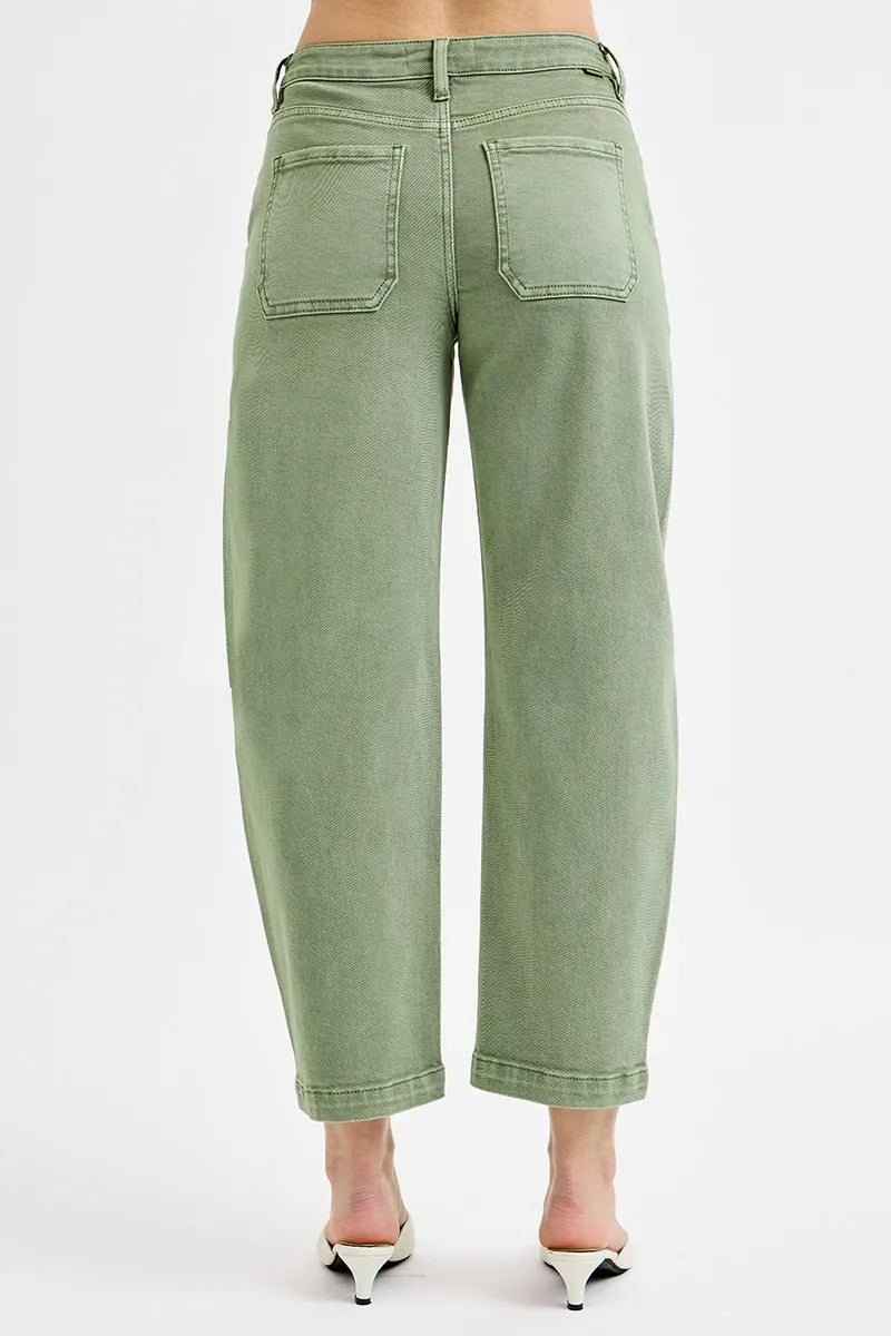 RISEN womens olive green crop barrel jeans styled outfit