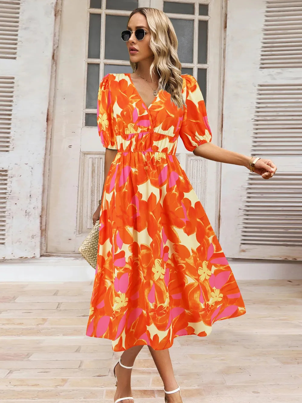 Ruched Printed Surplice Short Sleeve Dress Orange - Fashorio