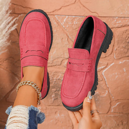 Round Toe Block Heels Loafers Red - Fashorio