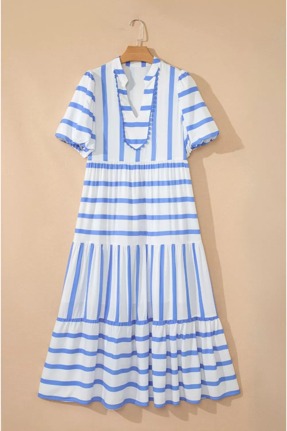 Light blue striped vacation maxi dress full length view