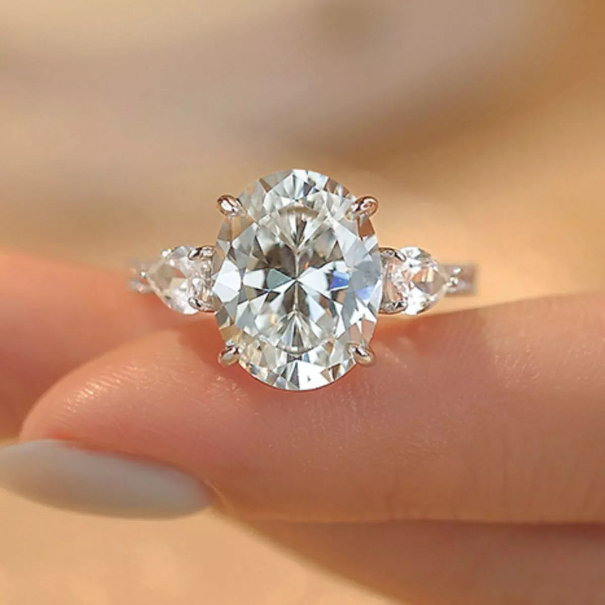 Moissanite oval ring shown at a three quarter angle