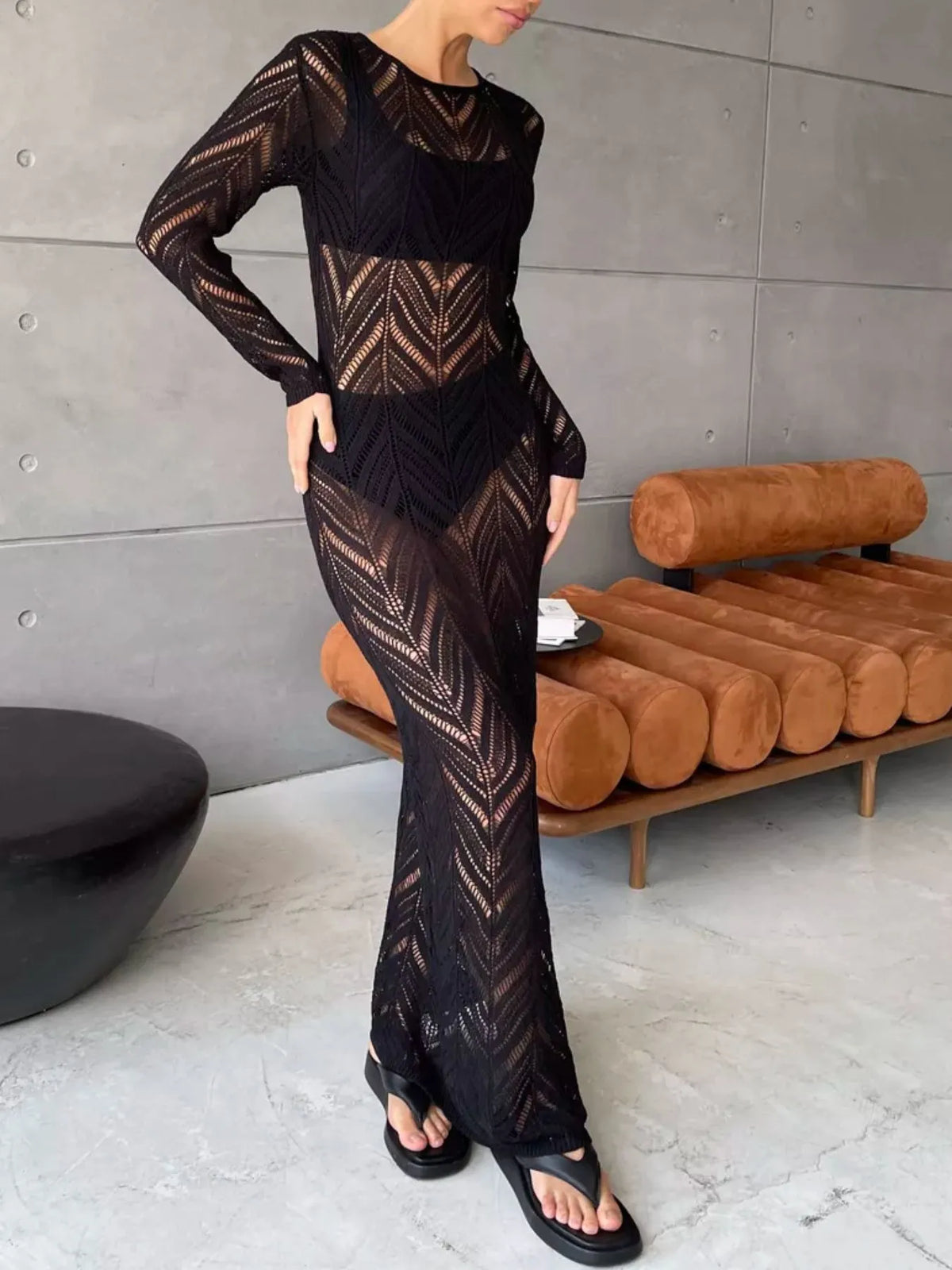 openwork knit long sleeve cover up maxi dress close fabric detail