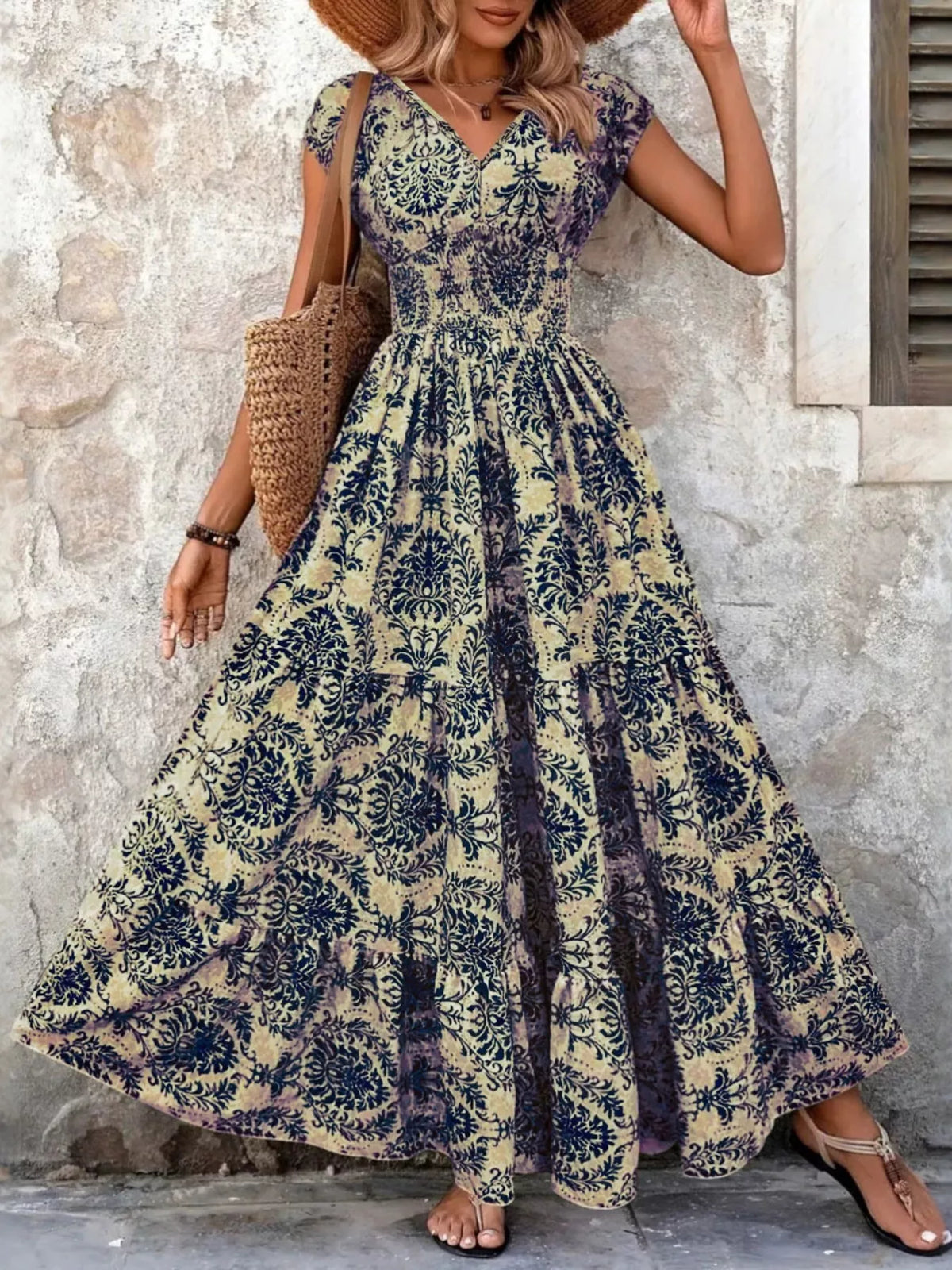 Printed V-Neck Tiered Maxi Dress Plus Size, view 7