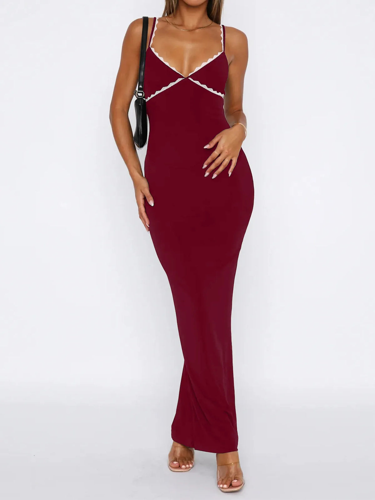 Lace detail slim fit bodycon maxi dress back detail