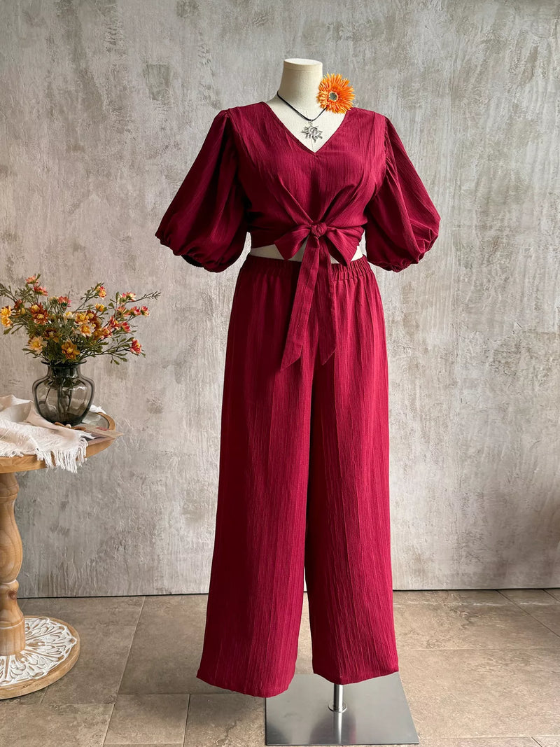 Tie front puff sleeve top and wide leg pants set front