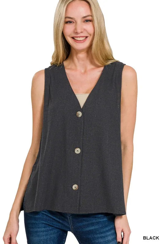 Zenana Side Slit Button-Front Vest BLACK - Fashorio