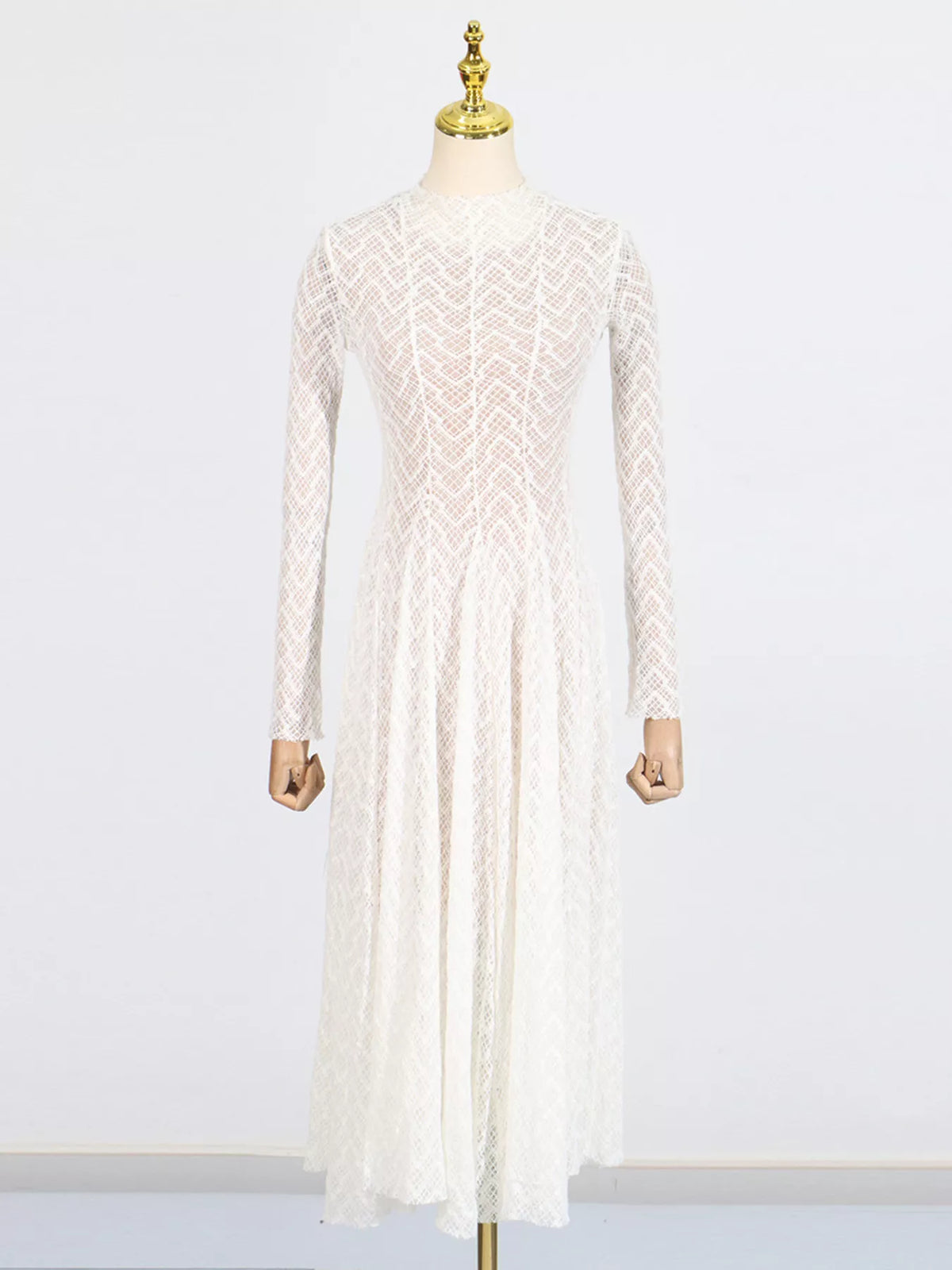 white lace mock neck long sleeve maxi dress back view