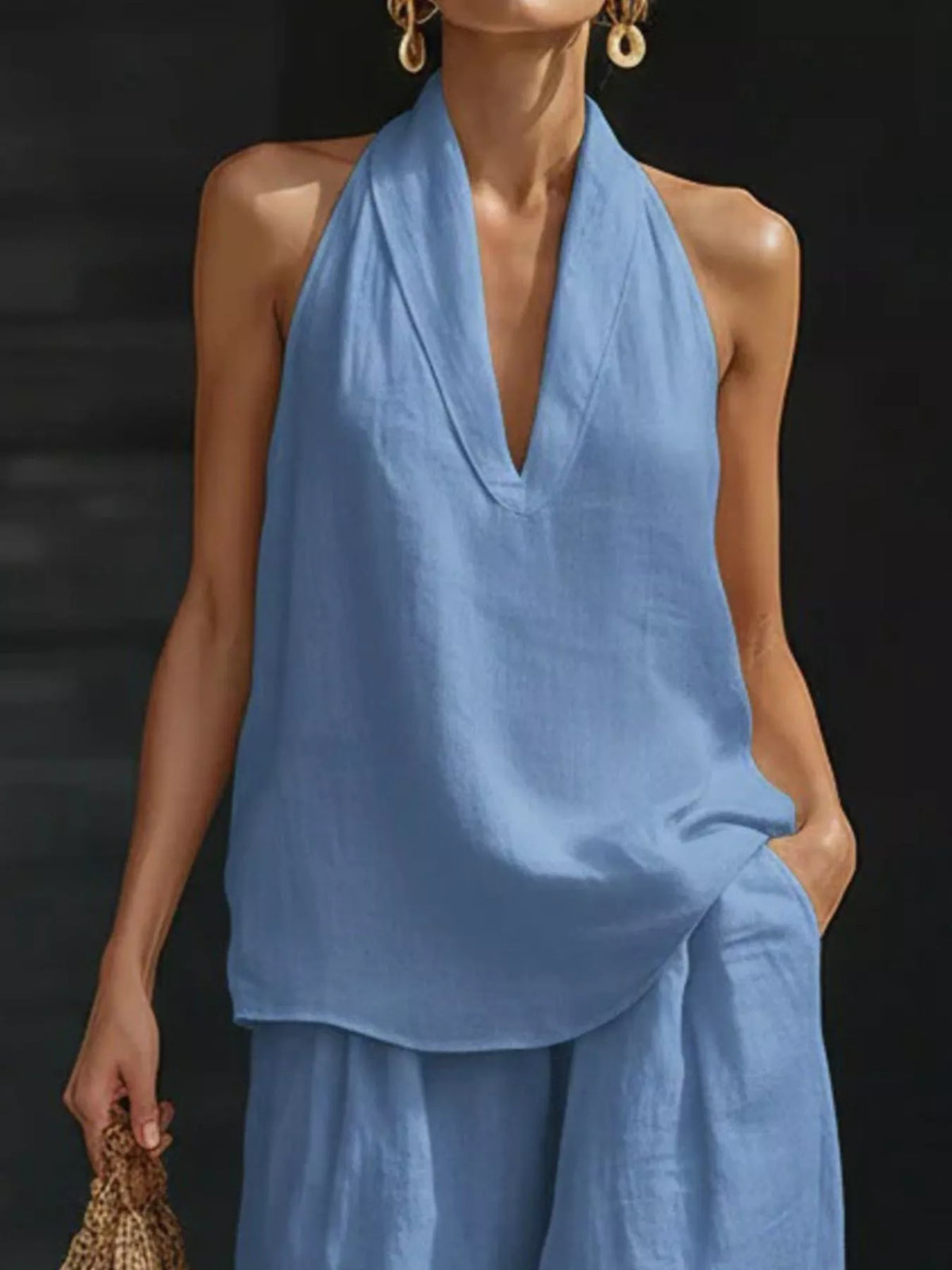 Wide leg pants set pocket detail