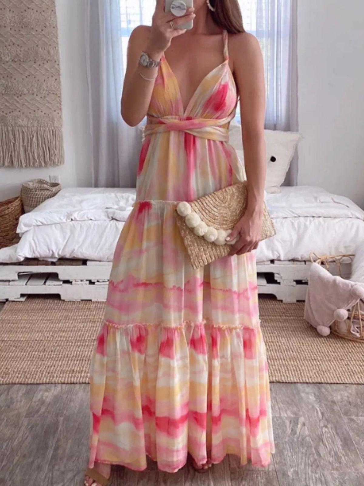 Pink tie dye dress shown from the back