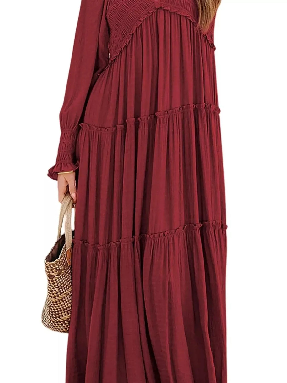 v neck long sleeve tiered maxi dress full length view 3