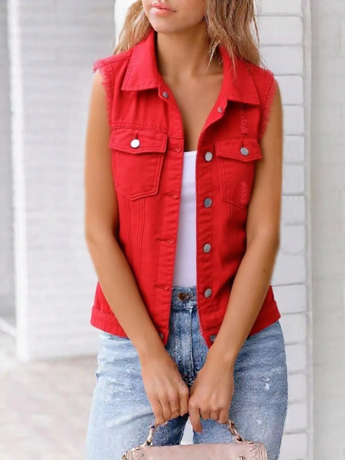 Frayed Denim Vest Plus Size in Blush Pink close up