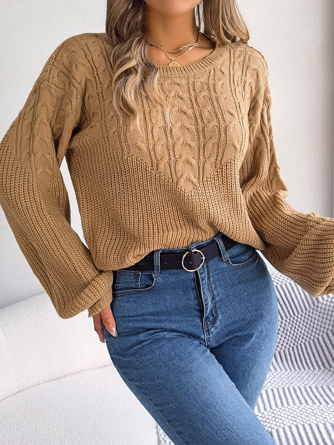 Cable-Knit Round Neck Drop Shoulder Sweater - Fashorio