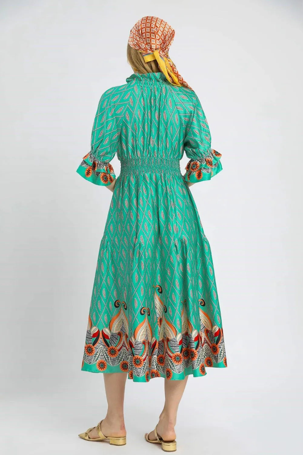 Printed Smocked Waist Flounce Sleeve Midi Dress side view