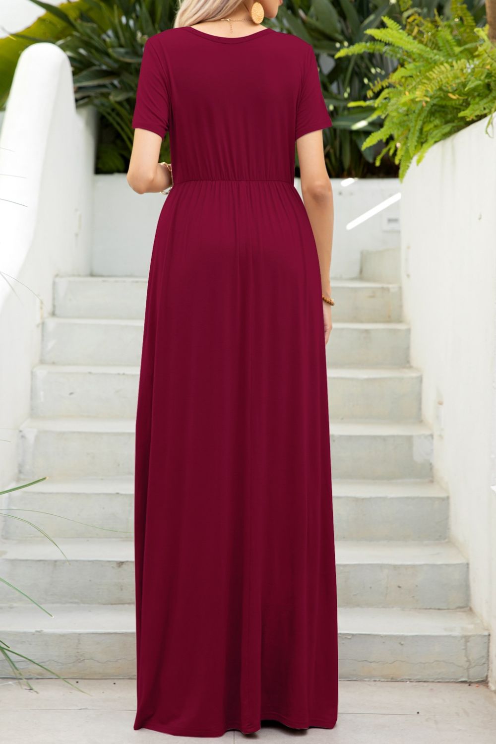 round neck maxi tee dress with pockets back detail