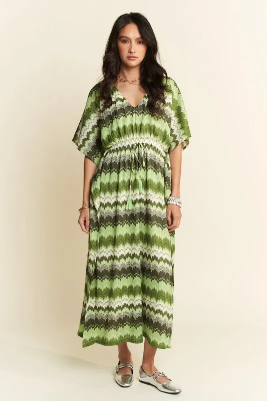 Wavy Print Tie Waist Flowy Dress in Sage styled look