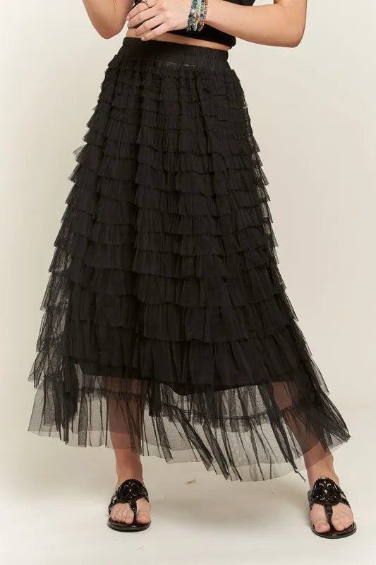 ADORA Elastic Waist Layered Mesh Midi Skirt Black - Fashorio
