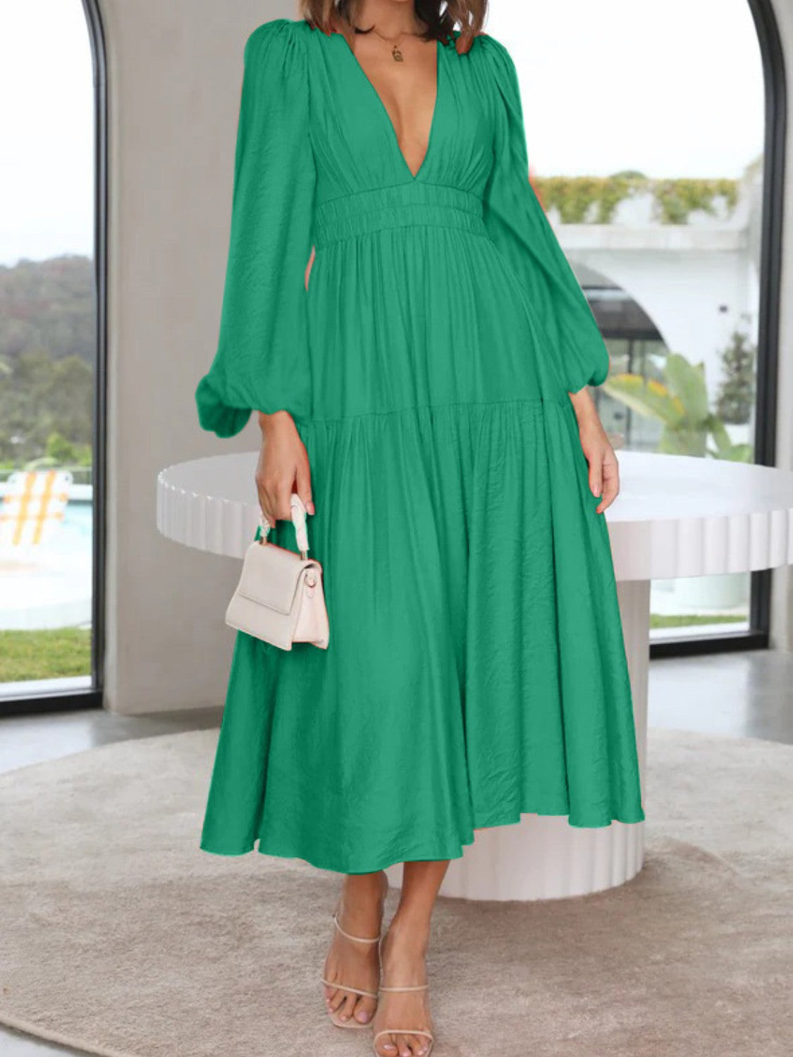 Deep V-Neck Balloon Sleeve Plain Maxi Dress Green - Fashorio