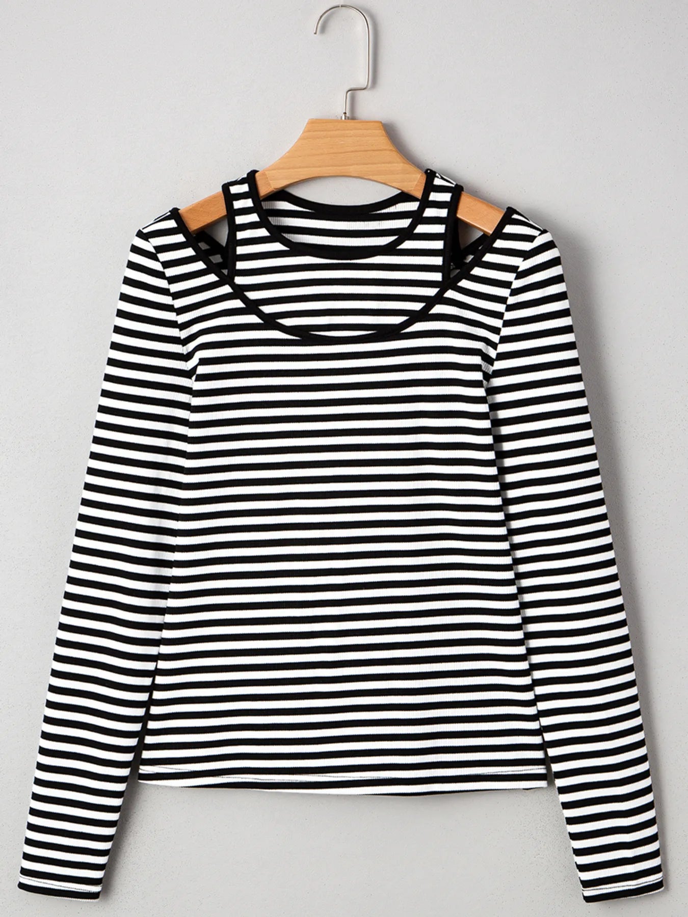 Stripe Double-layer Cold Shoulder Long Sleeve Top - Fashorio