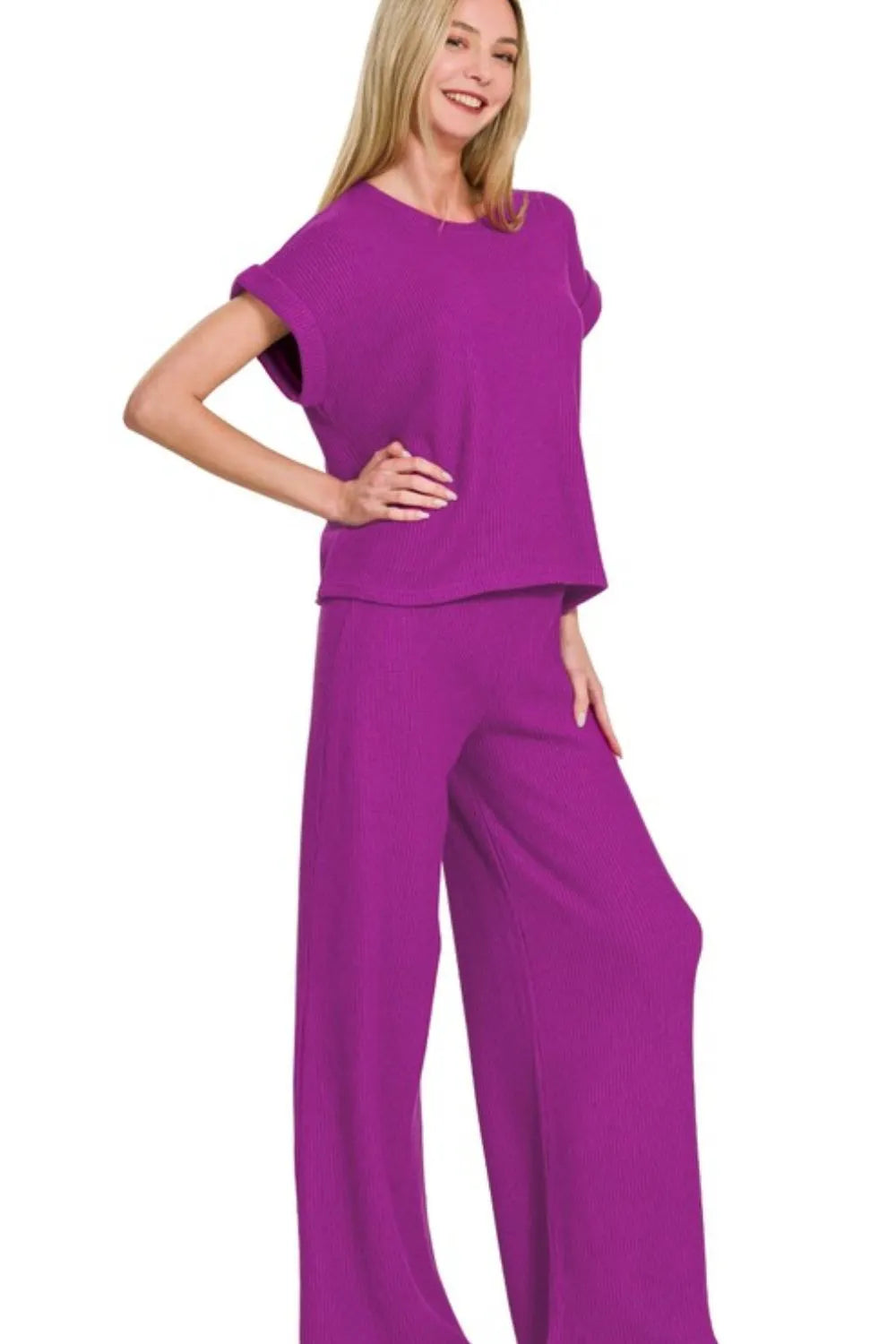 Zenana Rolled Sleeve Top and Pants Sweater Set LT PLUM - Fashorio