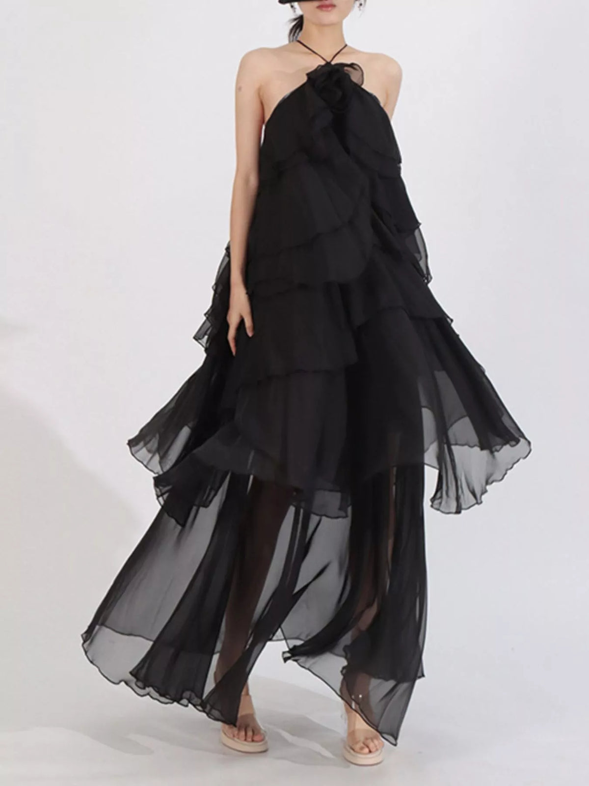 Ruffled chiffon halter neck maxi dress close up texture