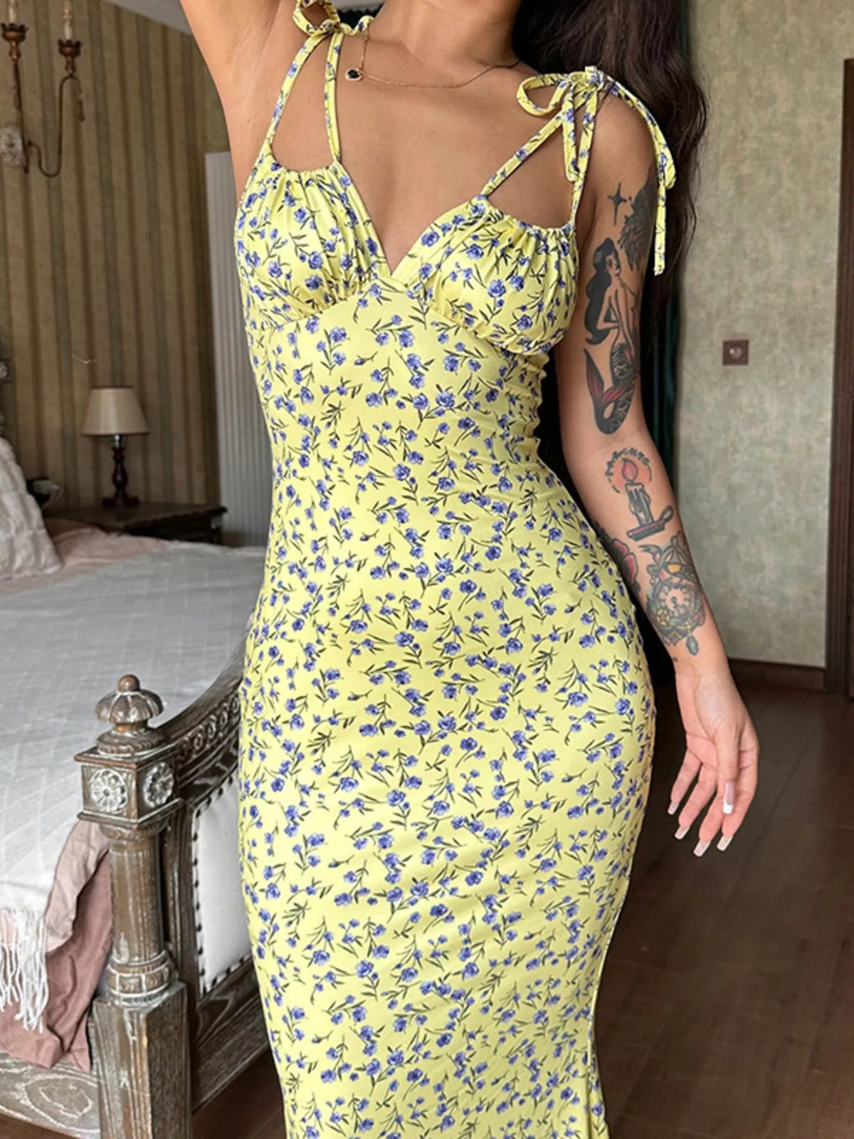 Floral tie strap bodycon maxi dress close up of fabric