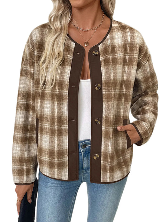 Plaid Long Sleeve Button-Up Jacket with Chest Pockets - Fashorio
