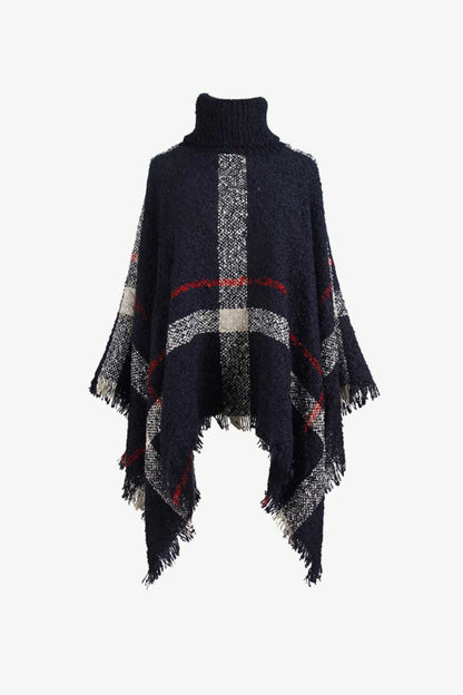 Plaid Turtleneck Raw Hem Poncho Navy One Size - Fashorio