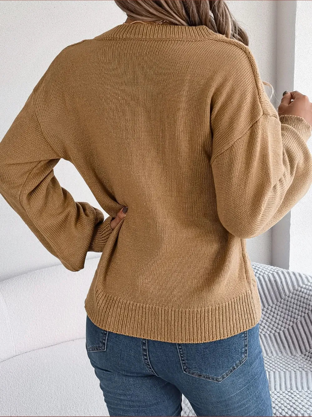 Cable-Knit Buttoned V-Neck Sweater - Fashorio